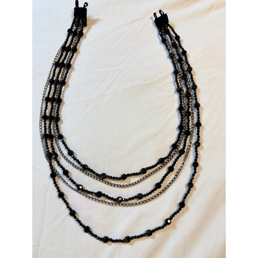 Multi Strand Black Beaded Chain Necklace Gunmetal Statement Jewelry Layered